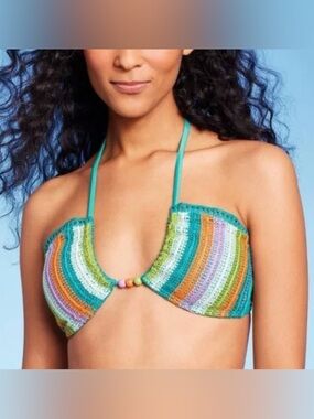WILD FABLE Turquoise Multi Color Crochet Bralette  Festival Bikini Top Large